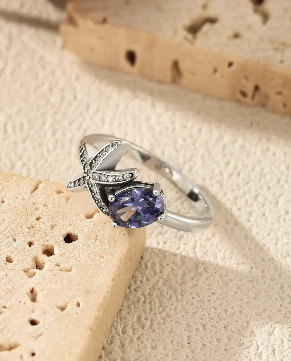 Starfish ring with oval violet zirconia in 925 sterling silver