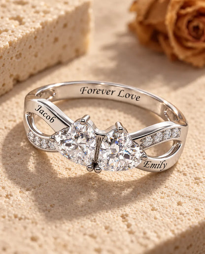Heart Birthstone Name Ring - three-quarter view showing names and birthstones