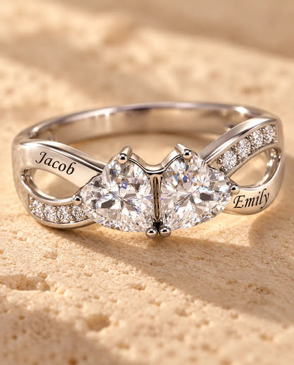 Heart Birthstone Name Ring - close-up of the birthstones and engraved names