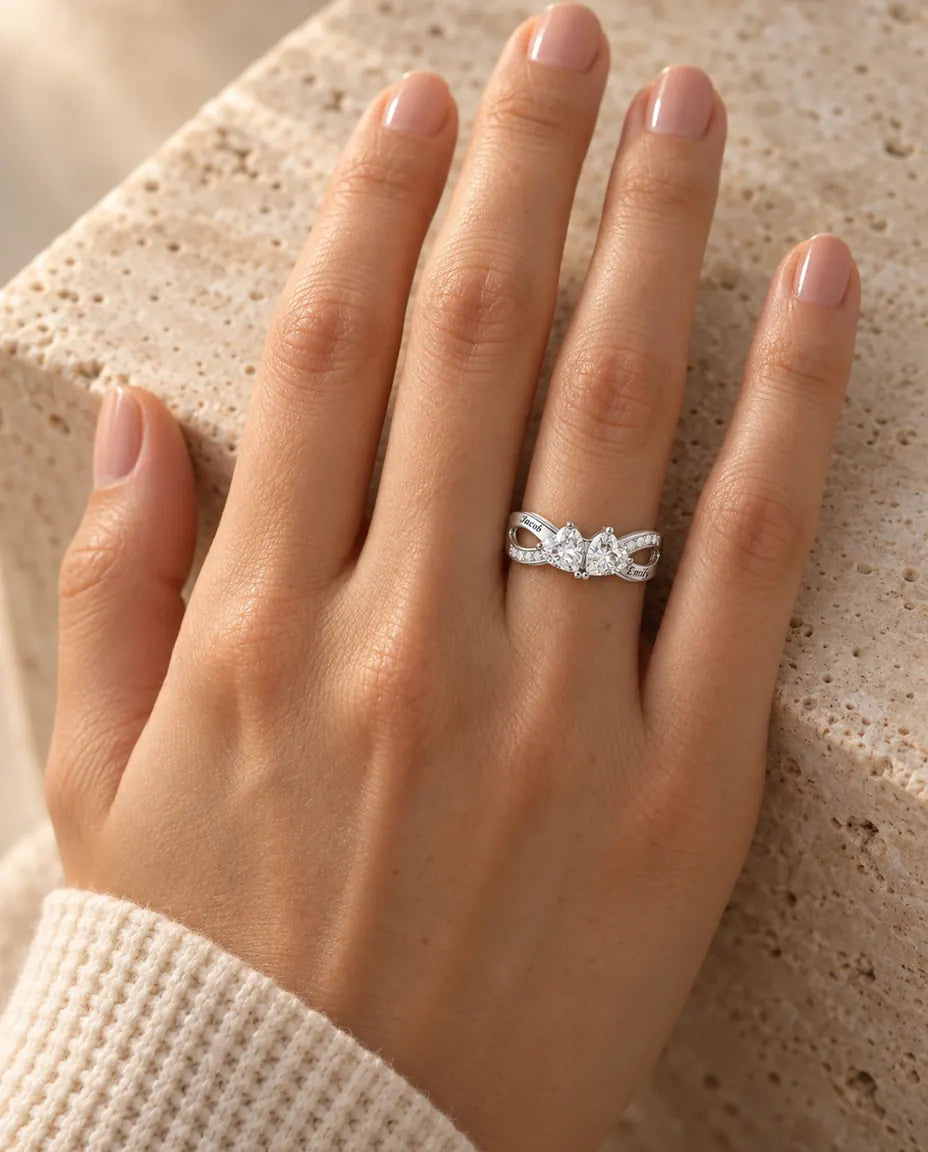 Heart Birthstone Name Ring - worn on the hand, close-up