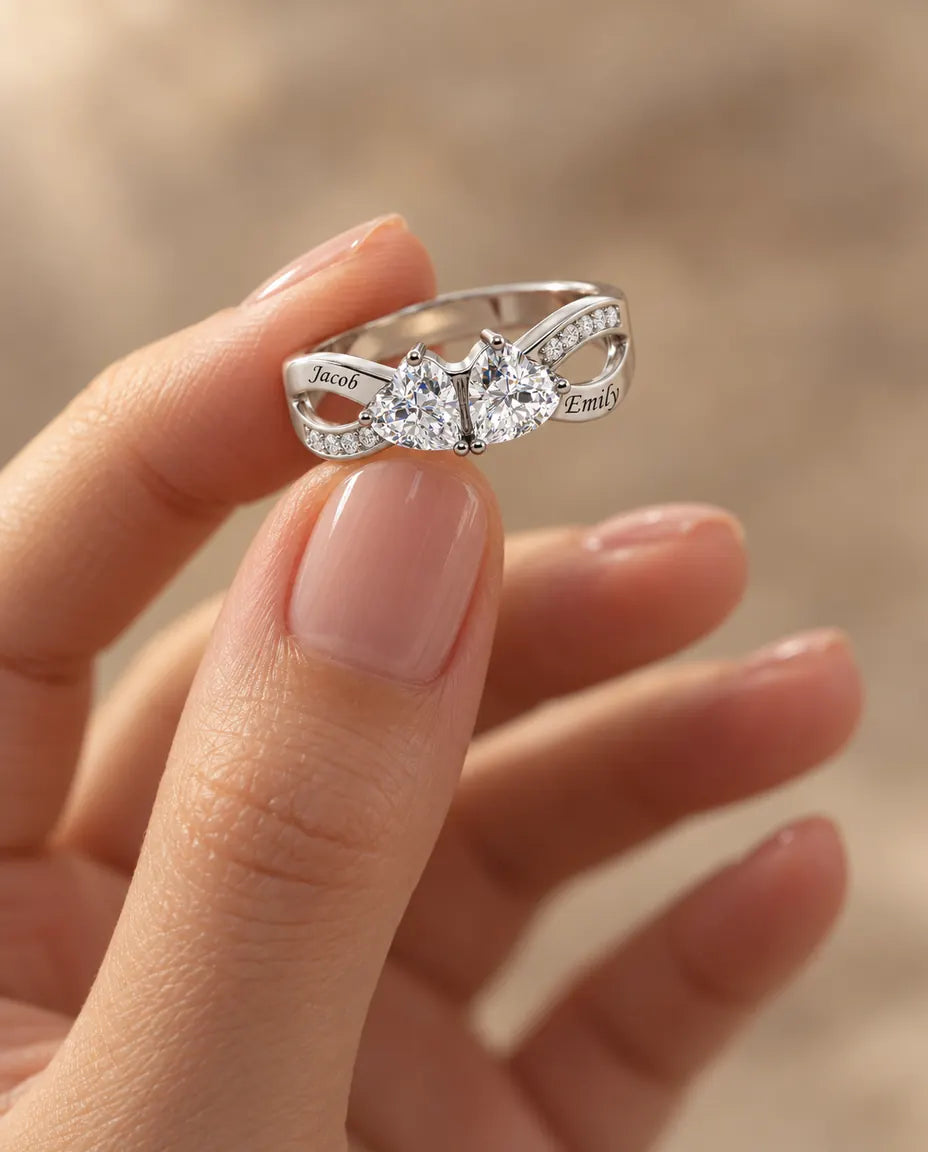 Heart Birthstone Name Ring - held between the fingers