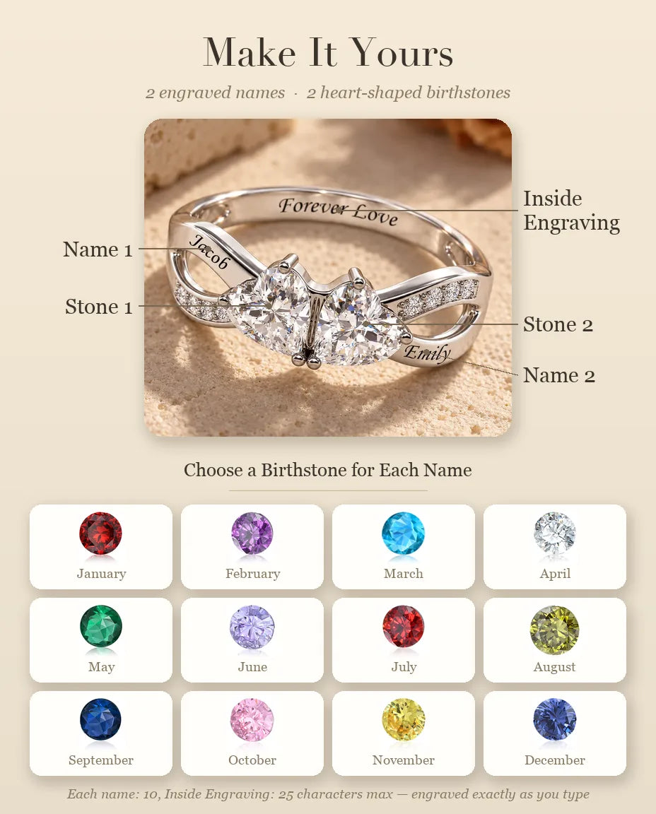 Heart Birthstone Name Ring - personalisation guide: names, birthstones and inside engraving
