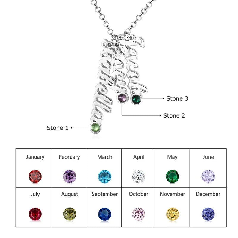 Sterling Silver 3 Names Necklace with 3 Birthstones, Personalised Names Necklace for Her, Custom Name Necklace Gold/Silver/Rose Gold