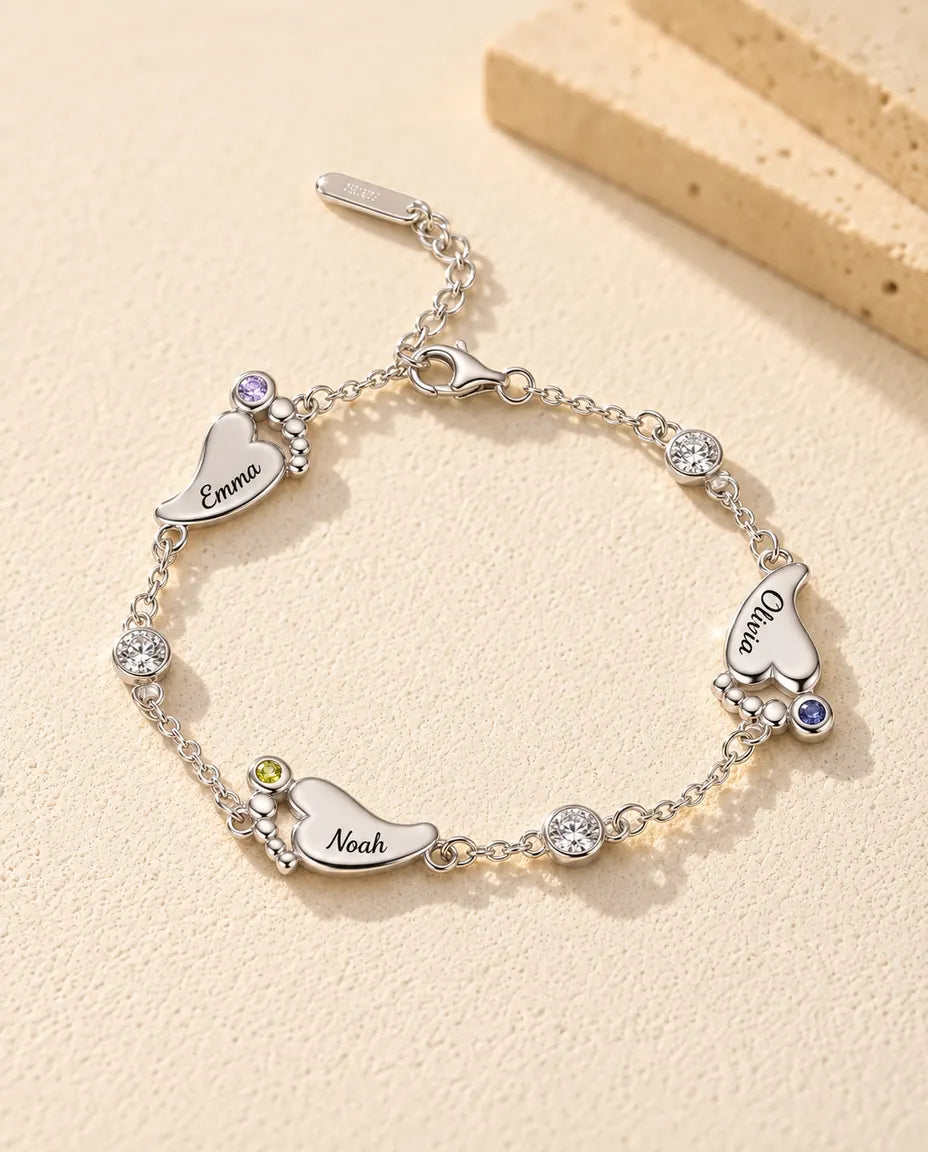 Personalised Baby Feet Birthstone Bracelet - version with 3 names and birthstones