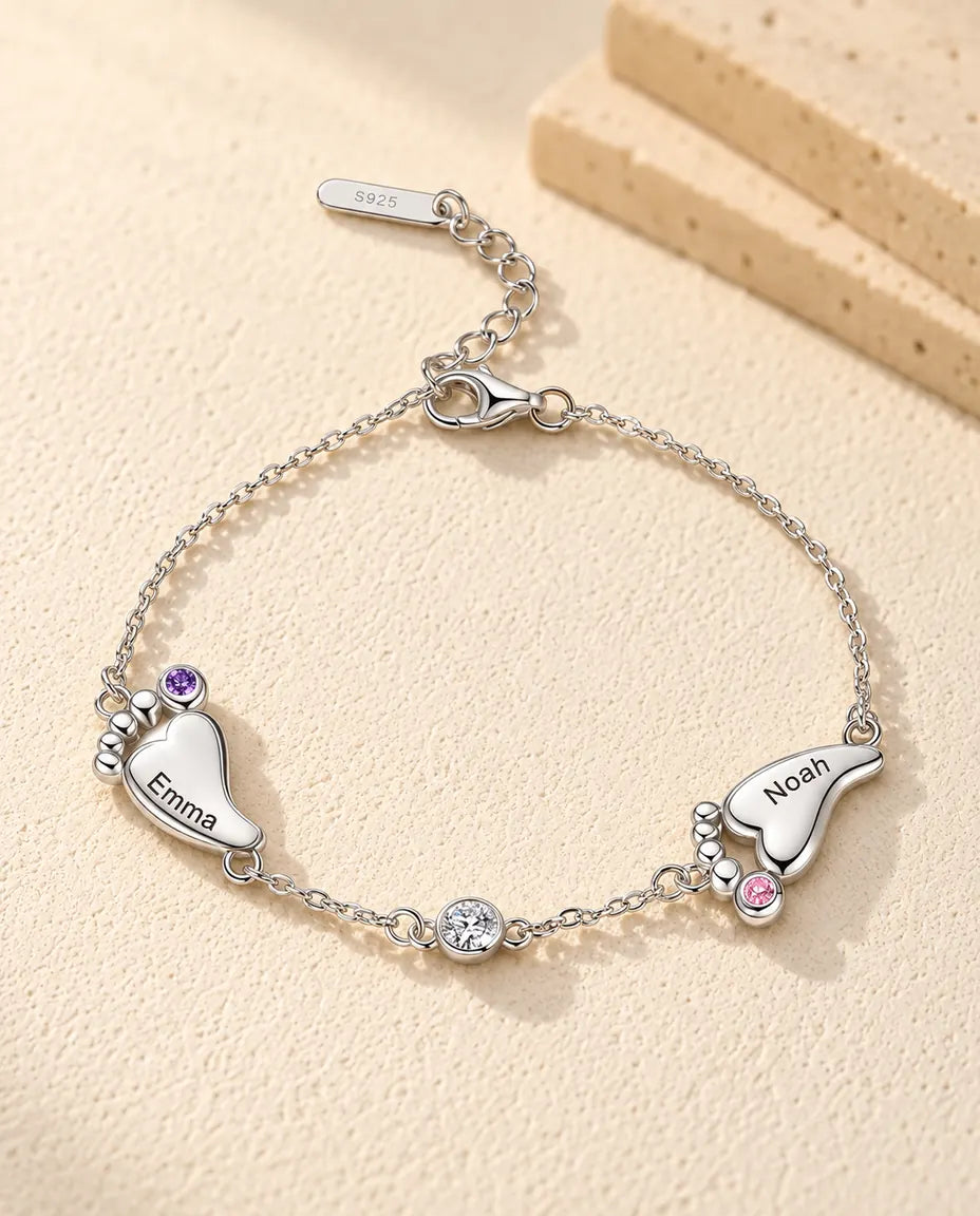 Personalised Baby Feet Birthstone Bracelet - version with 2 names and birthstones