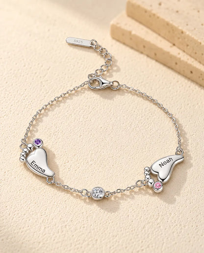 Personalised Baby Feet Birthstone Bracelet - version with 2 names and birthstones