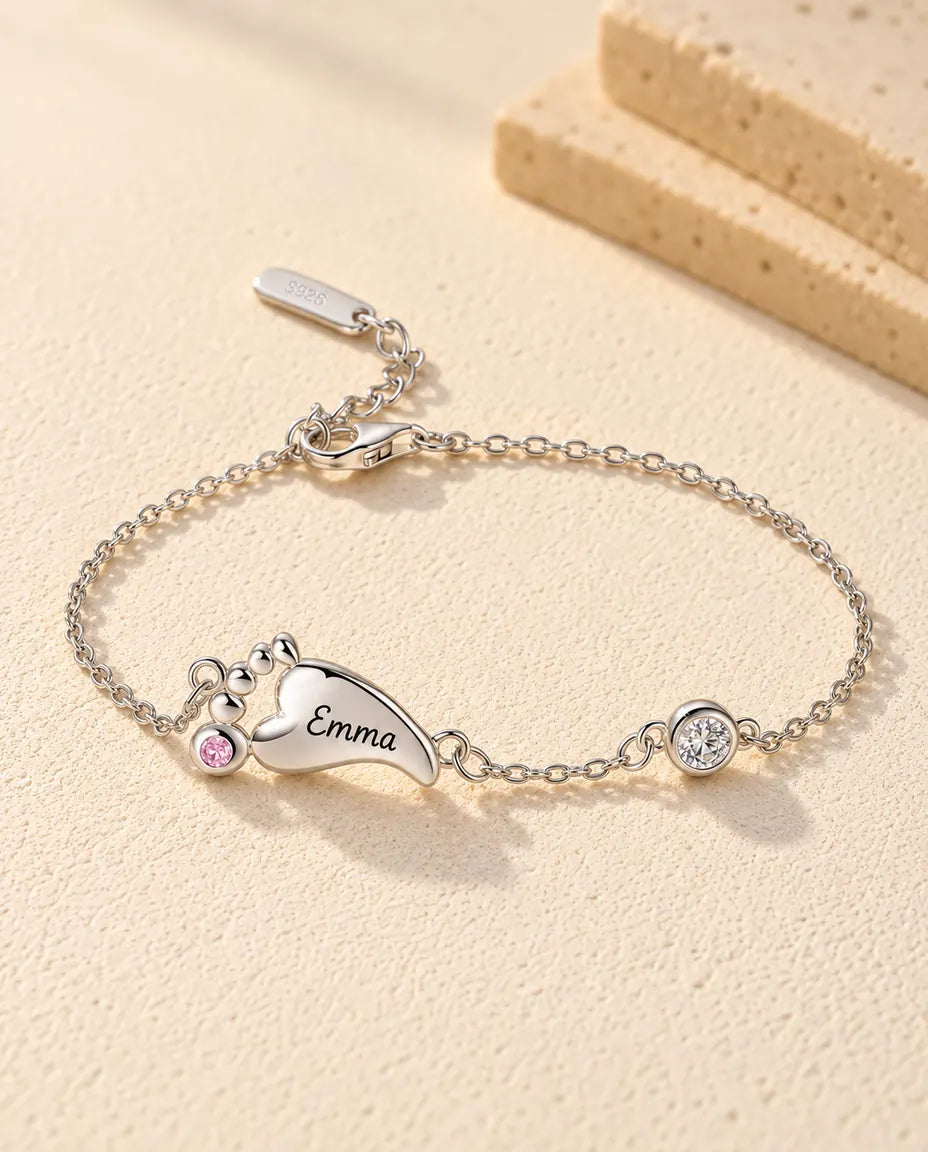 Personalised Baby Feet Birthstone Bracelet - version with 1 name and birthstone