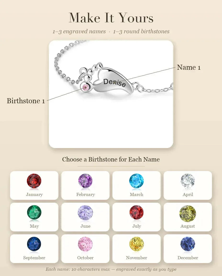 Personalised Baby Feet Birthstone Bracelet - personalisation guide: names and birthstones