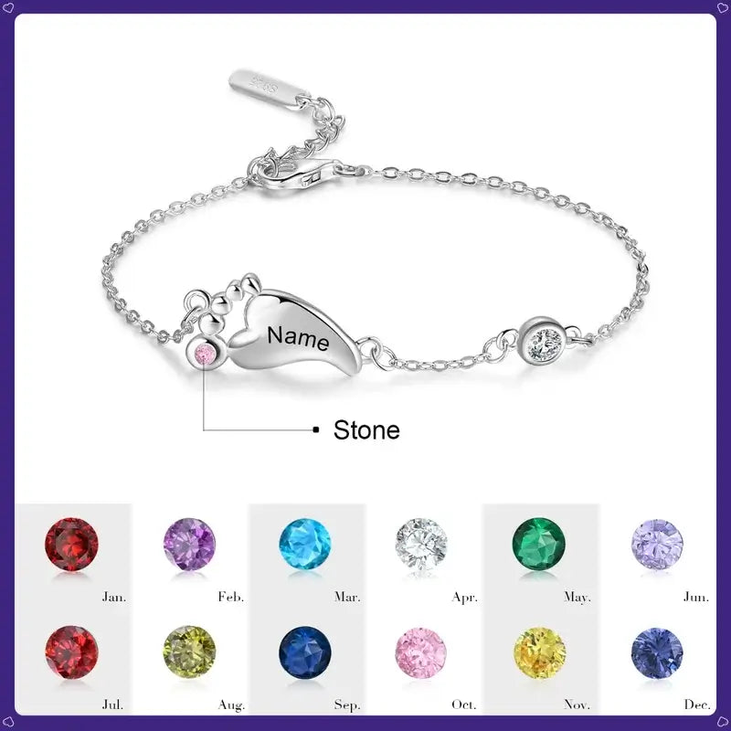 Sterling Silver Baby Feet Personalised Birthstone Bracelet with Children's Names