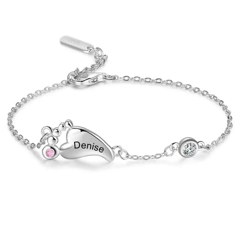 Sterling Silver Baby Feet Personalised Birthstone Bracelet with Children's Names