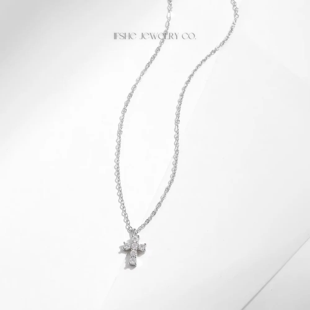 Sterling Silver Cross Necklace for Women - Silver Cross Pendant Moissanite Necklace