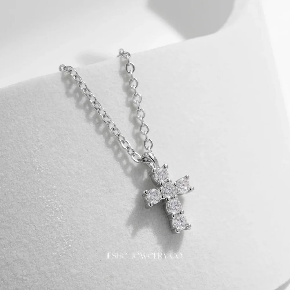 Sterling Silver Cross Necklace for Women - Silver Cross Pendant Moissanite Necklace