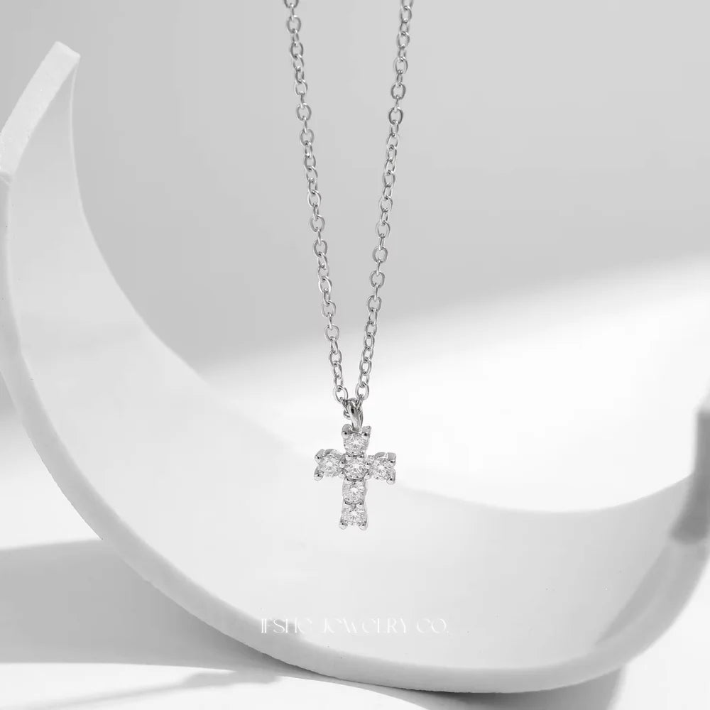 Sterling Silver Cross Necklace for Women - Silver Cross Pendant Moissanite Necklace