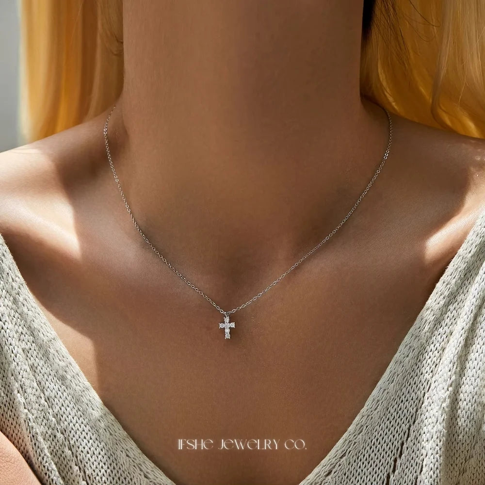 Sterling Silver Cross Necklace for Women - Silver Cross Pendant Moissanite Necklace