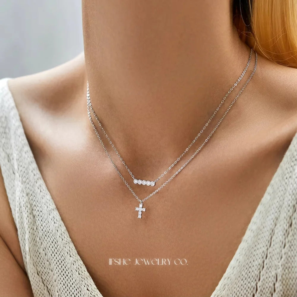 Sterling Silver Cross Necklace for Women - Silver Cross Pendant Moissanite Necklace