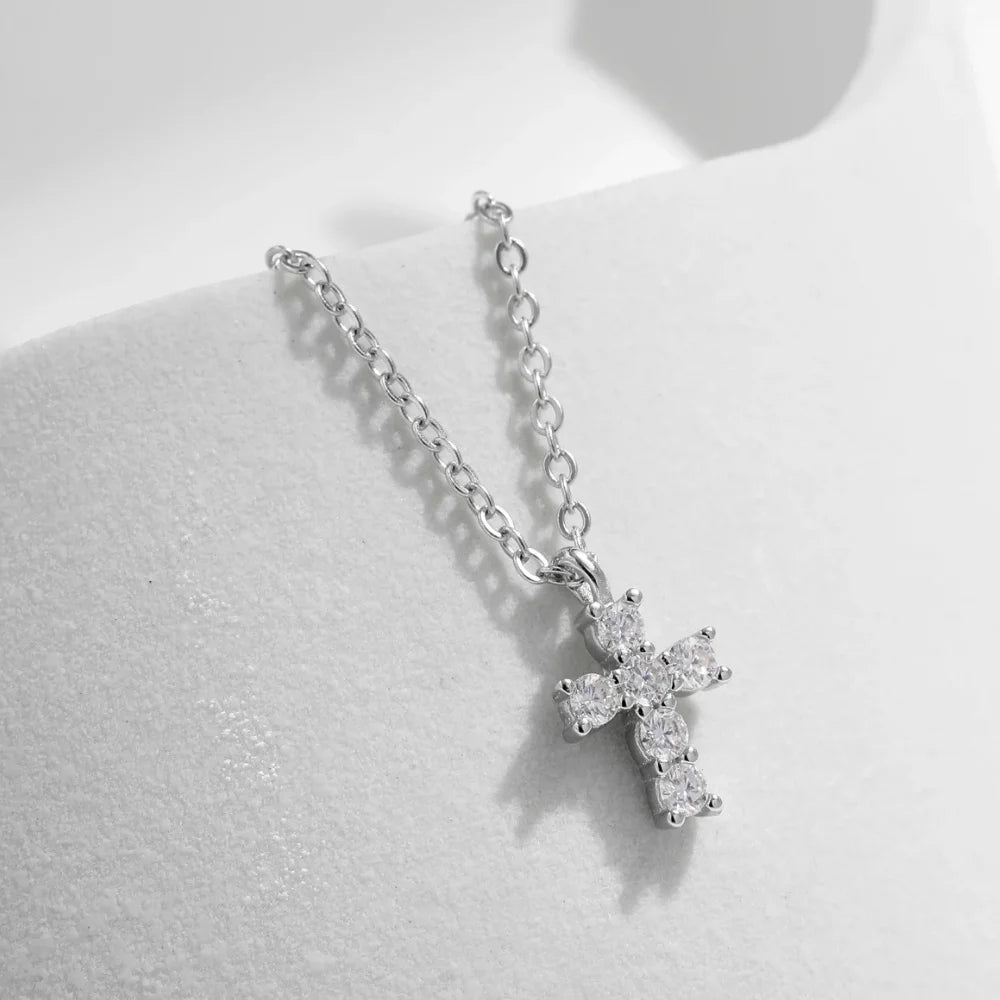 Sterling Silver Cross Necklace for Women - Silver Cross Pendant Moissanite Necklace
