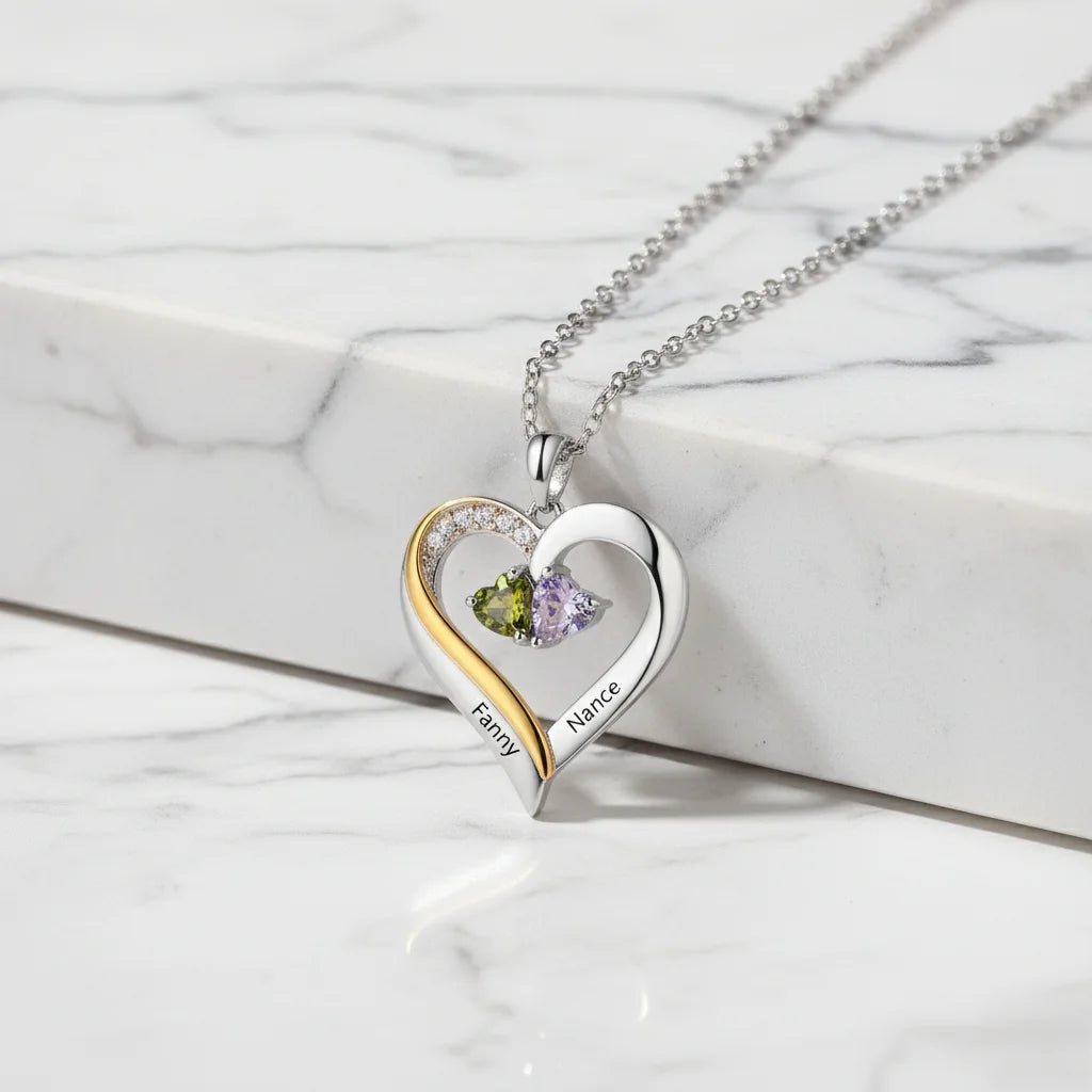 Sterling Silver Engraved Heart Necklace with Birthstones