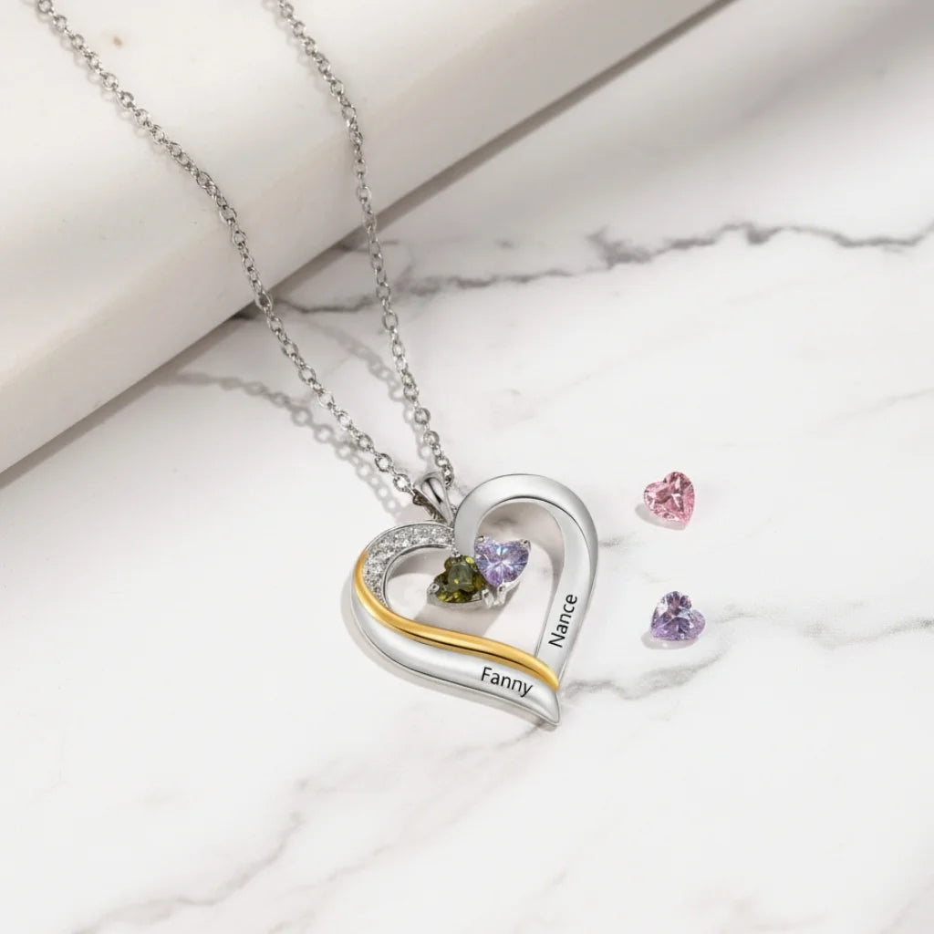 Sterling Silver Engraved Heart Necklace with Birthstones