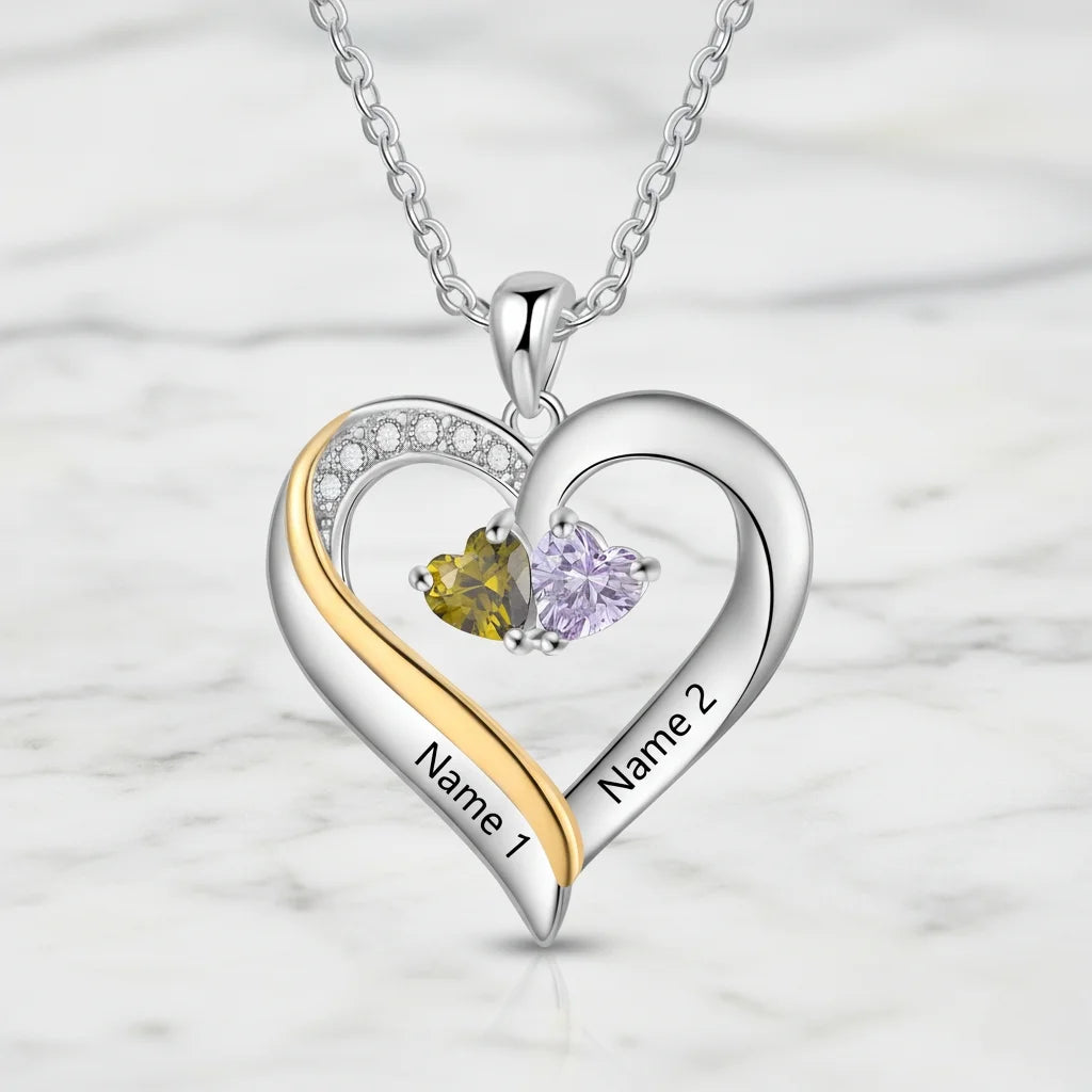 Sterling Silver Engraved Heart Necklace with Birthstones