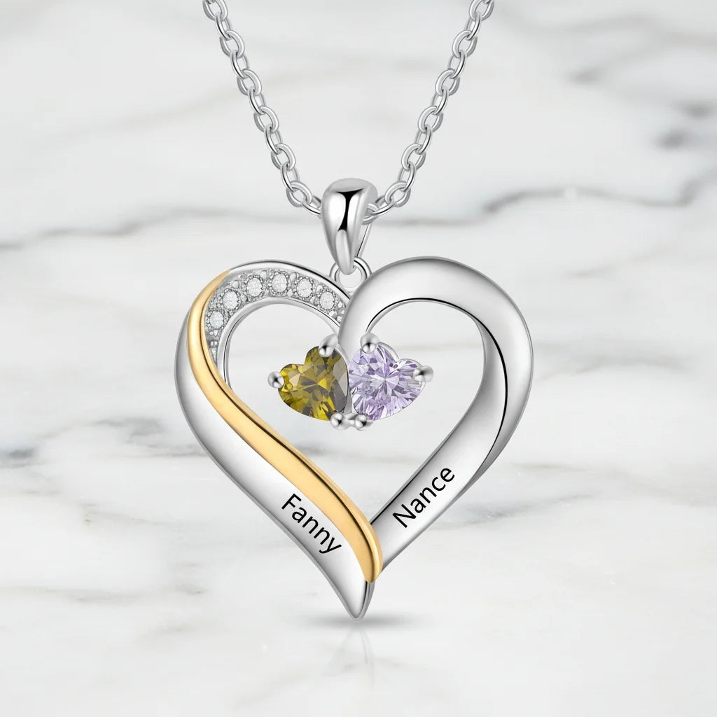Sterling Silver Engraved Heart Necklace with Birthstones