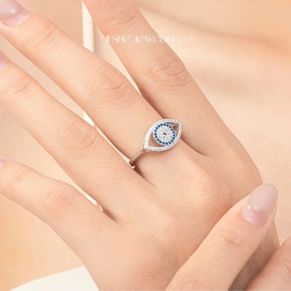 Sterling Silver Evil Eye Ring - Turkish Blue Eye Ring