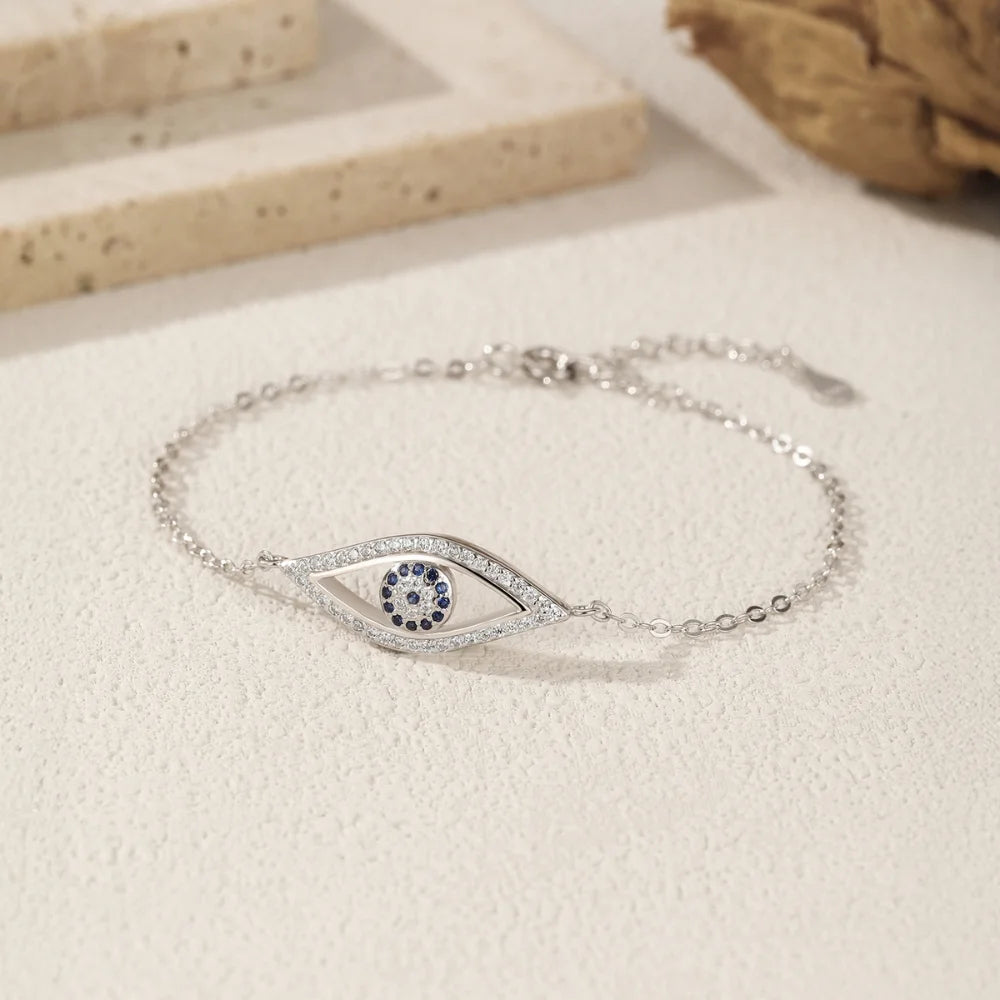 Sterling Silver Evil Eye Bracelet with Zircon - Turkish Lucky Eye Protection