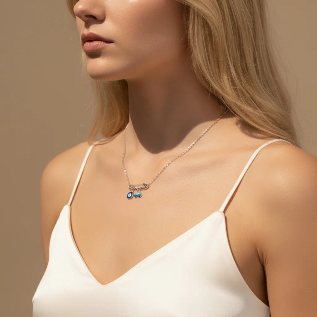 Sterling Silver Evil Eye & Car Charm Necklace - Evil Eye Choker for Women