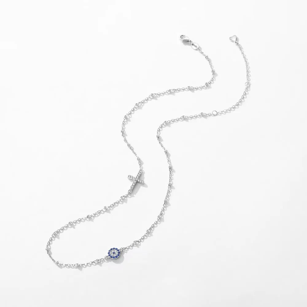 Sterling Silver Evil Eye & Cross Charm Necklace - Evil Eye Choker