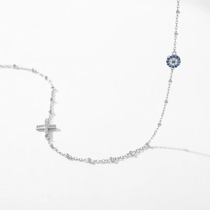 Sterling Silver Evil Eye & Cross Charm Necklace - Evil Eye Choker