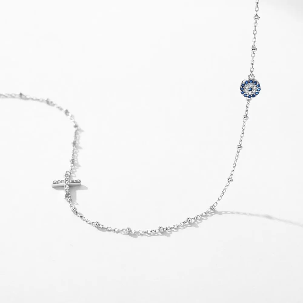 Sterling Silver Evil Eye & Cross Charm Necklace - Evil Eye Choker