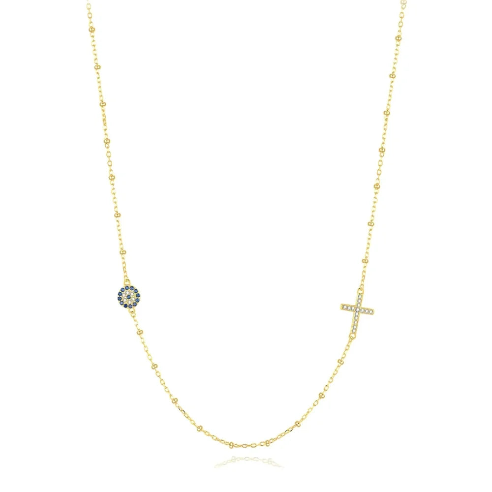 Sterling Silver Evil Eye & Cross Charm Necklace - Evil Eye Choker