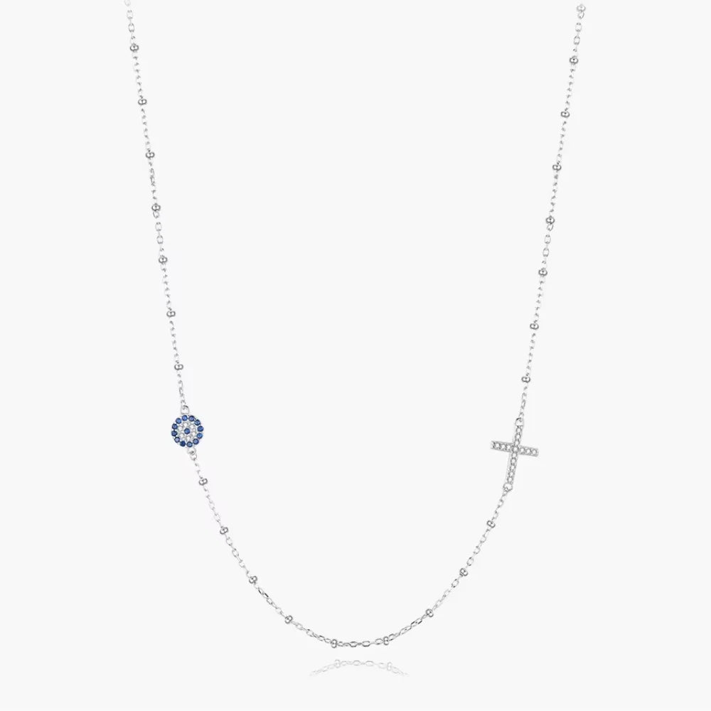 Sterling Silver Evil Eye & Cross Charm Necklace - Evil Eye Choker