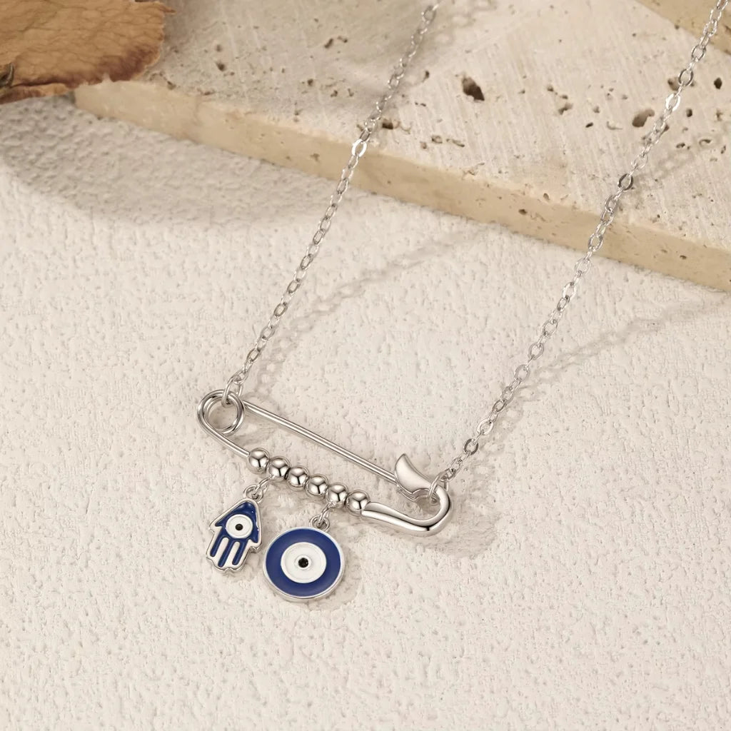 Sterling Silver Evil Eye & Hamsa Hand Charm Necklace