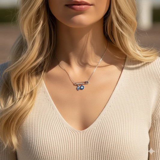 Sterling Silver Evil Eye & Hamsa Hand Charm Necklace