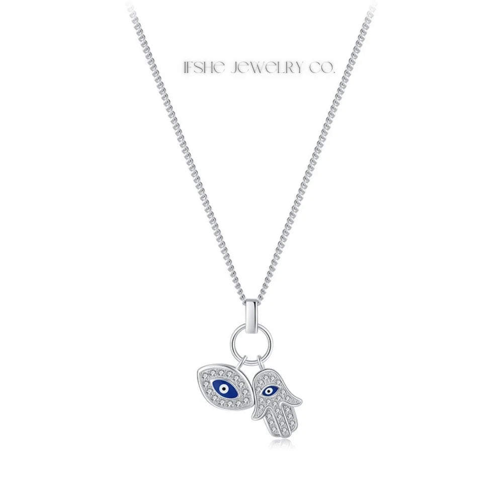 Sterling Silver Evil Eye Necklace - Turkish Blue Eye Necklace - Hamsa Hand Necklace