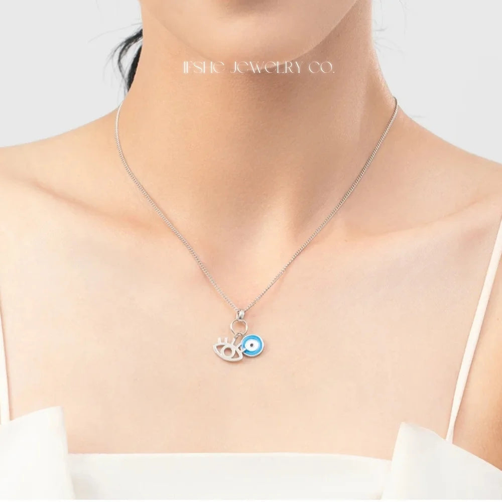 Sterling Silver Evil Eye Necklace - Turkish Blue Eye Necklace - Hamsa Hand Necklace