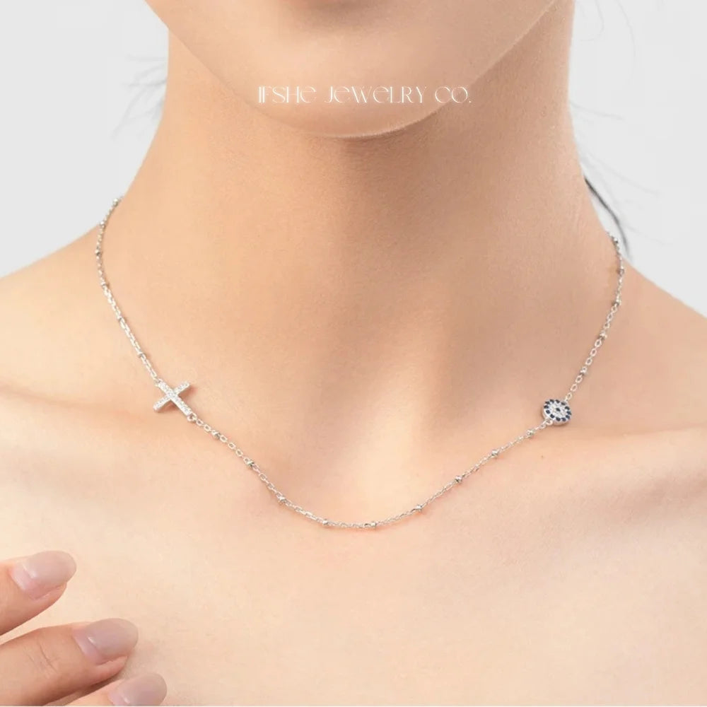 Sterling Silver Evil Eye Necklace - Turkish Blue Eye Necklace - Hamsa Hand Necklace