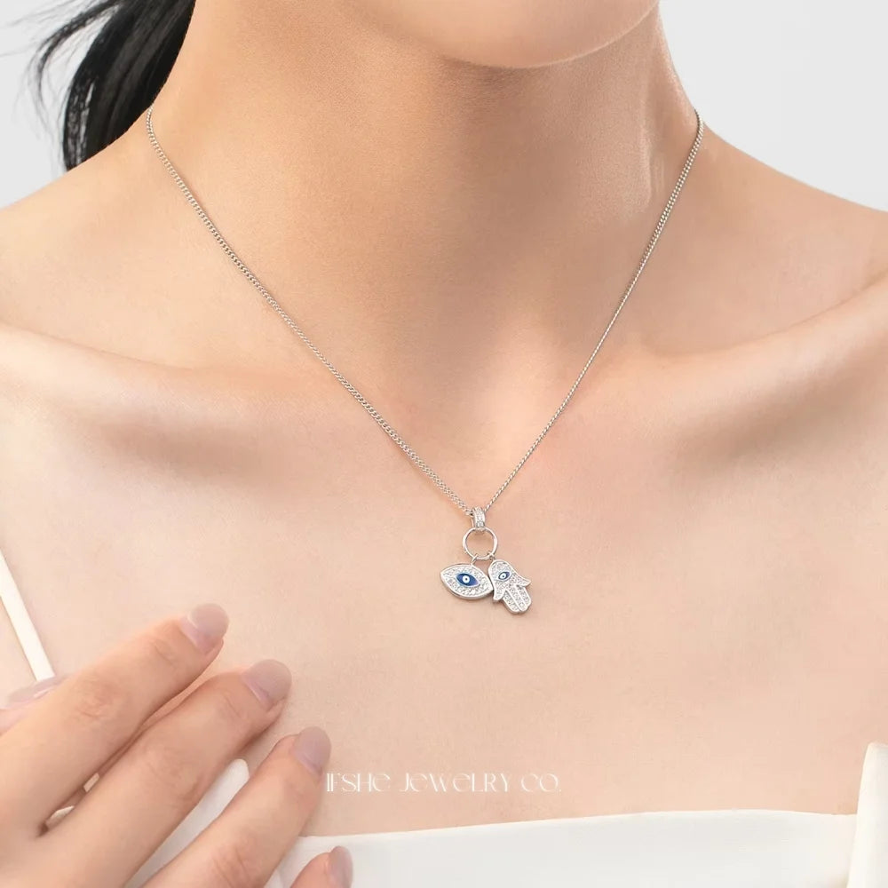 Sterling Silver Evil Eye Necklace - Turkish Blue Eye Necklace - Hamsa Hand Necklace