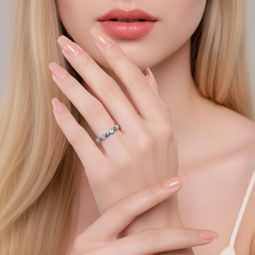 Sterling Silver Evil Eye Ring with Heart Shaped Zircons