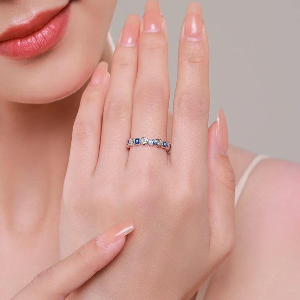 Sterling Silver Evil Eye Ring with Heart Shaped Zircons