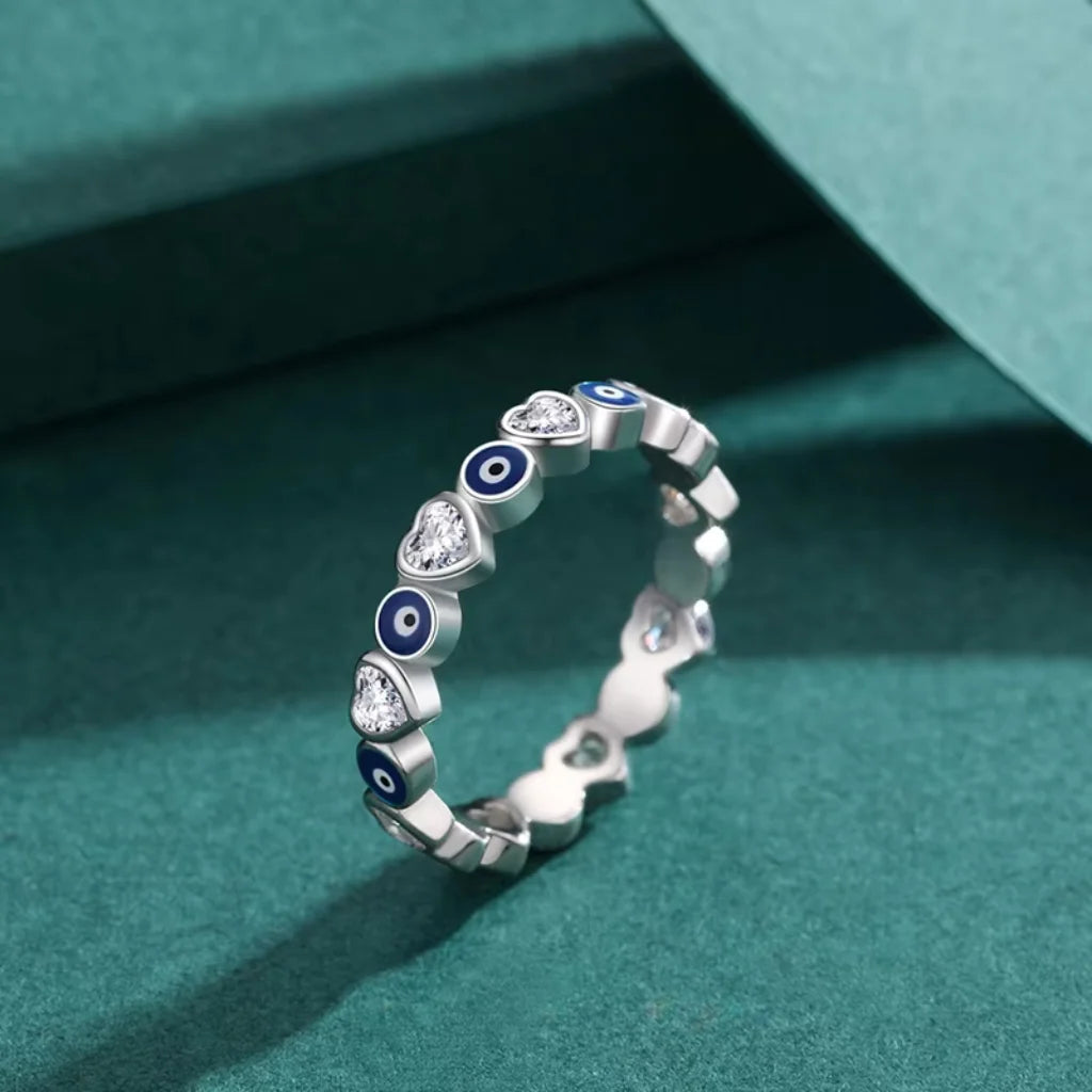 Sterling Silver Evil Eye Ring with Heart Shaped Zircons