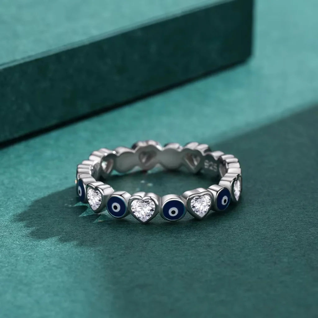 Sterling Silver Evil Eye Ring with Heart Shaped Zircons