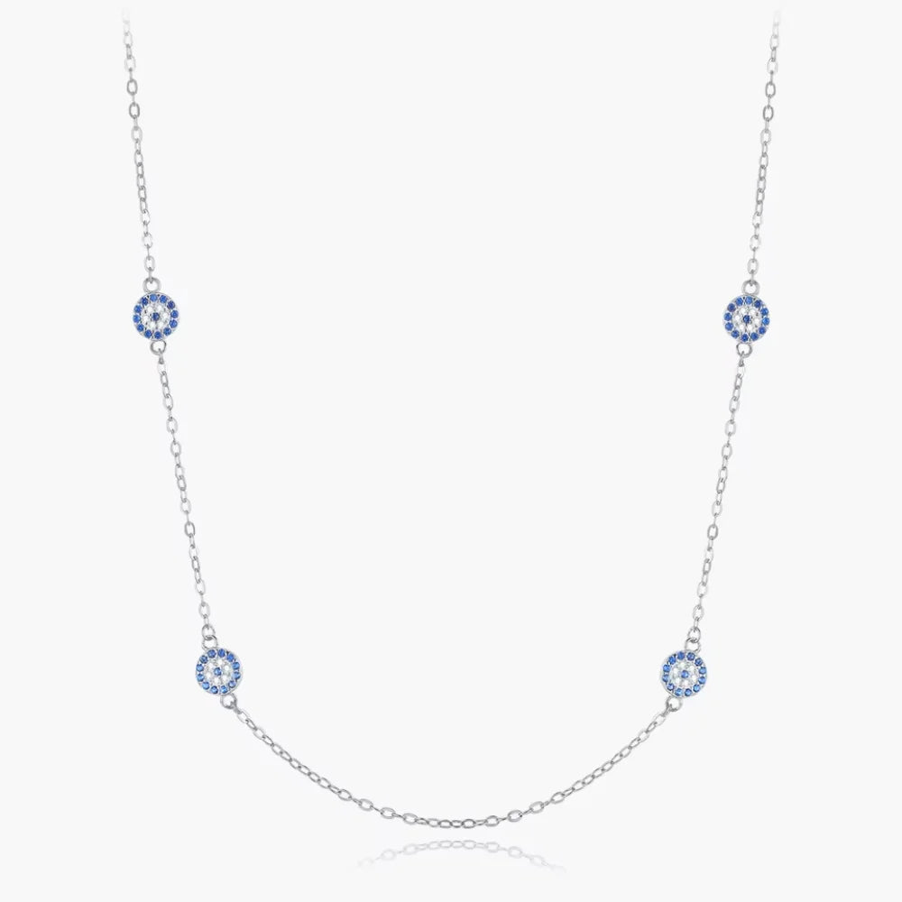 Sterling Silver Four Evil Eye Charm Necklace - Turkish Blue Eye Necklace