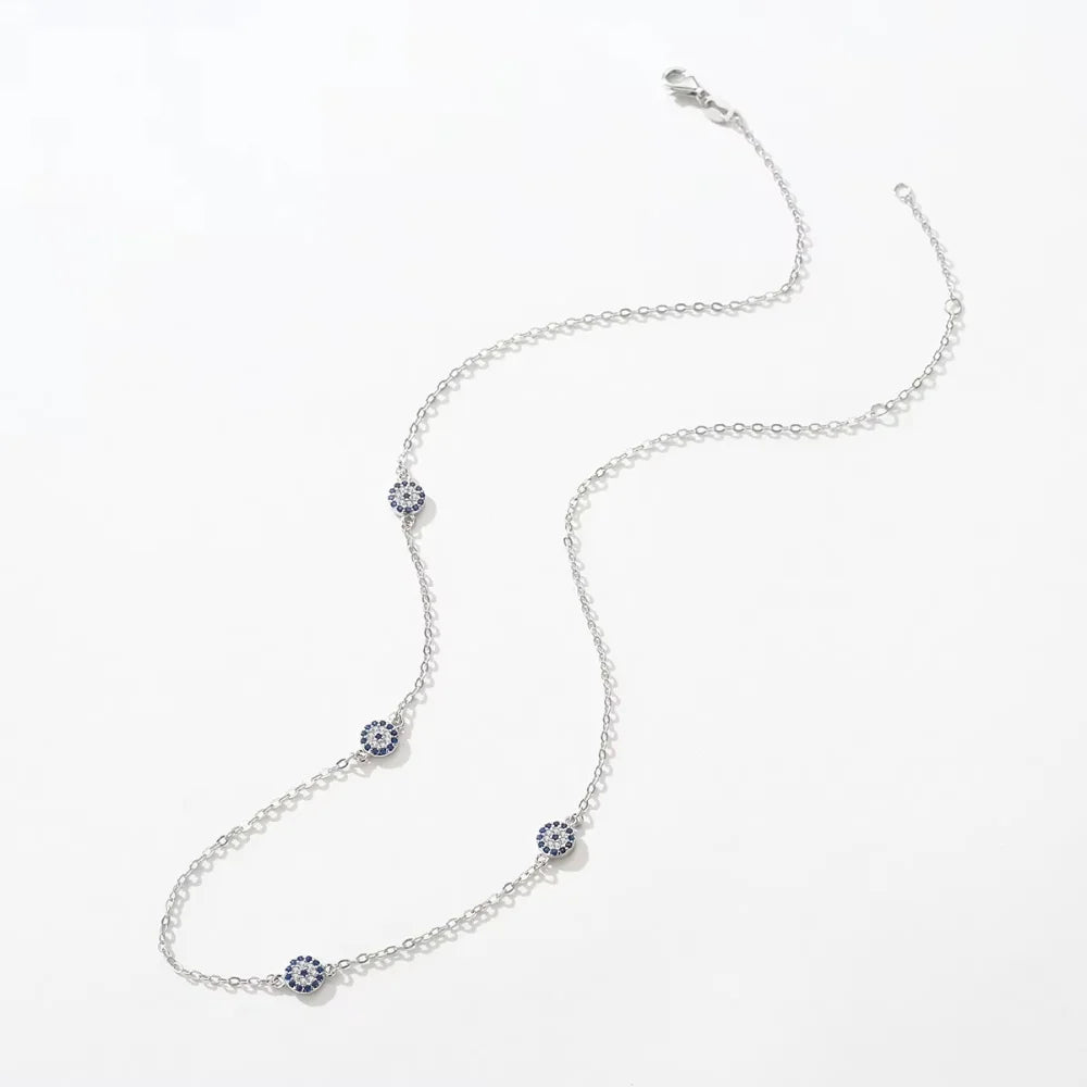Sterling Silver Four Evil Eye Charm Necklace - Turkish Blue Eye Necklace
