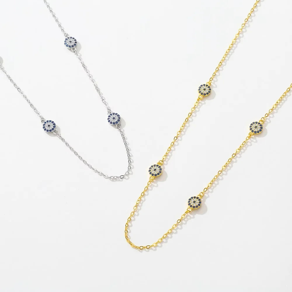 Sterling Silver Four Evil Eye Charm Necklace - Turkish Blue Eye Necklace