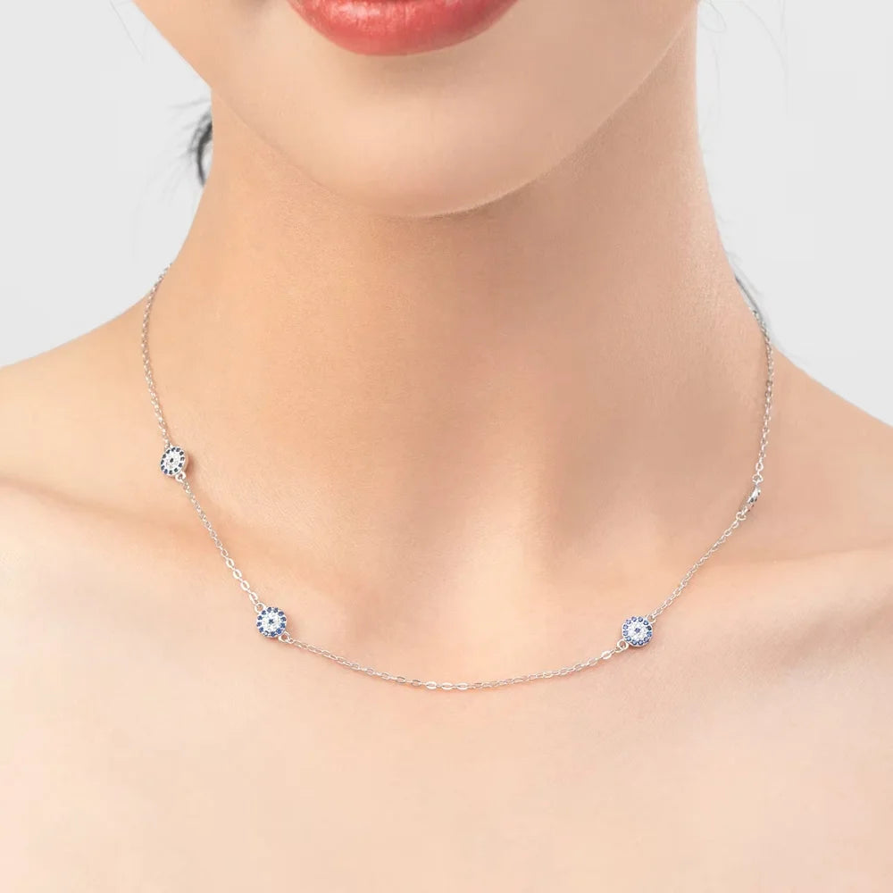 Sterling Silver Four Evil Eye Charm Necklace - Turkish Blue Eye Necklace