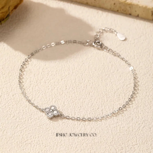 Sterling Silver Four Leaf Clover CZ Link Bracelet for Women