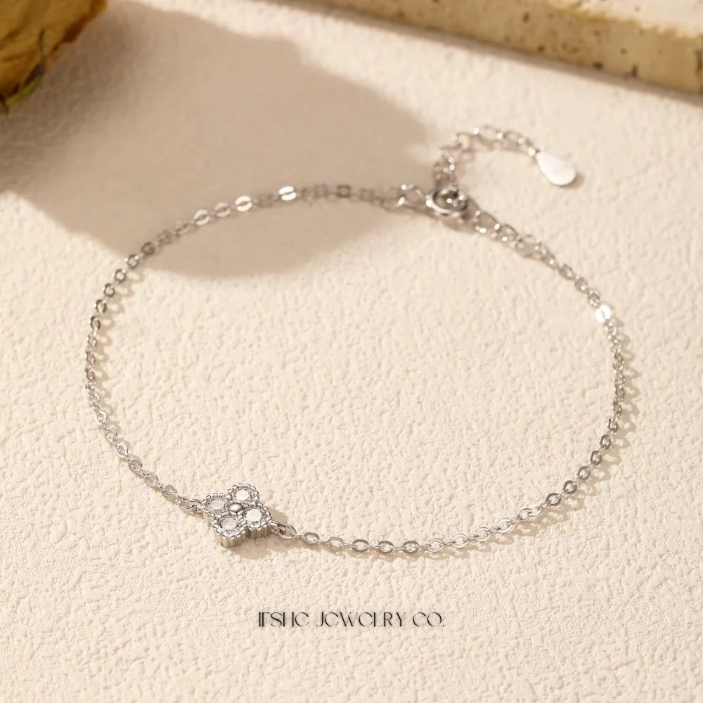 Sterling Silver Four Leaf Clover CZ Link Bracelet for Women