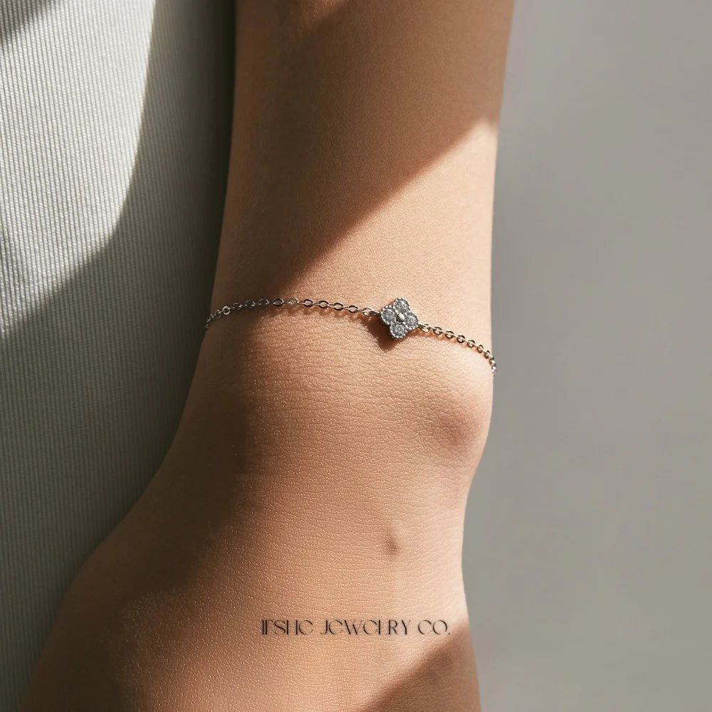 Sterling Silver Four Leaf Clover CZ Link Bracelet for Women