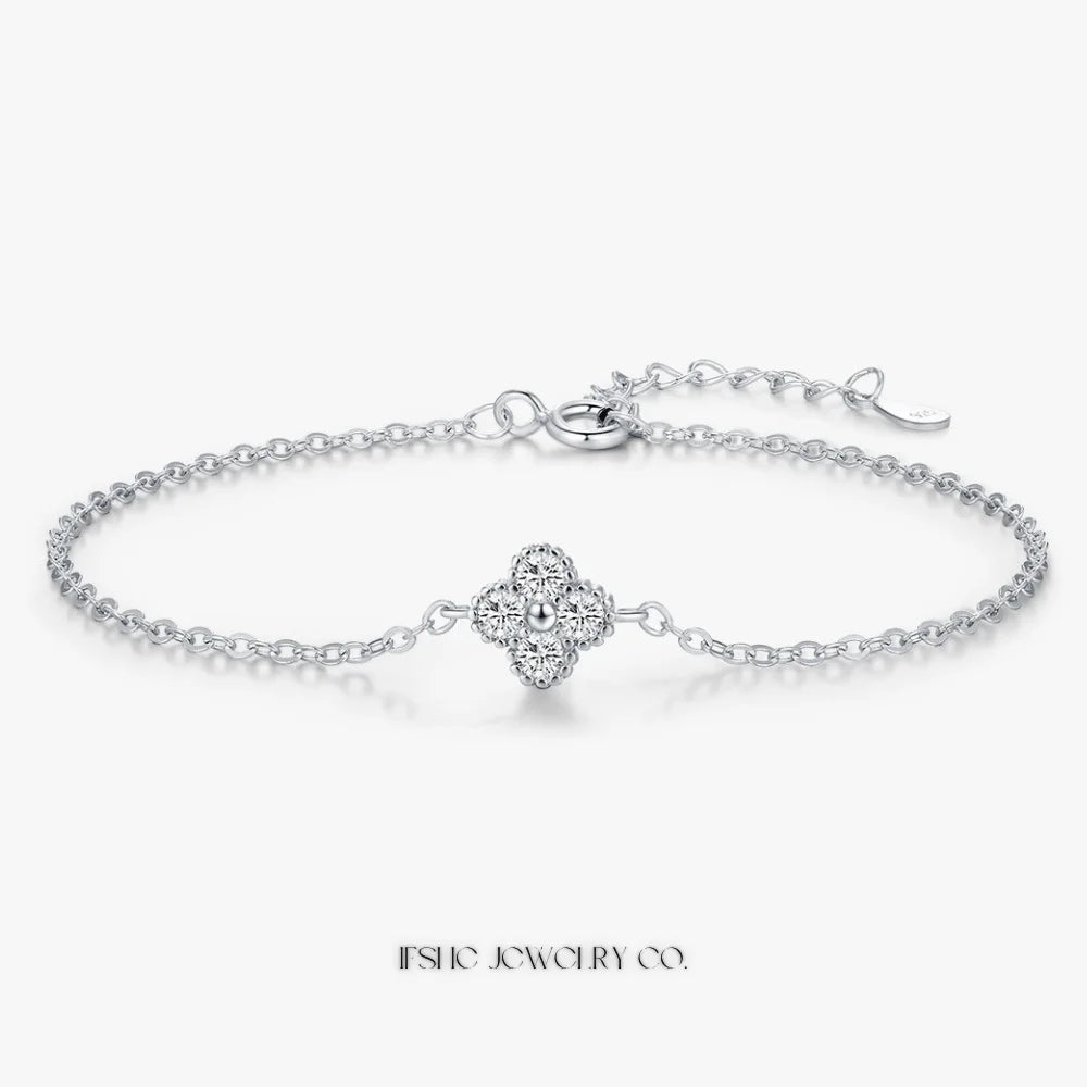 Sterling Silver Four Leaf Clover CZ Link Bracelet for Women